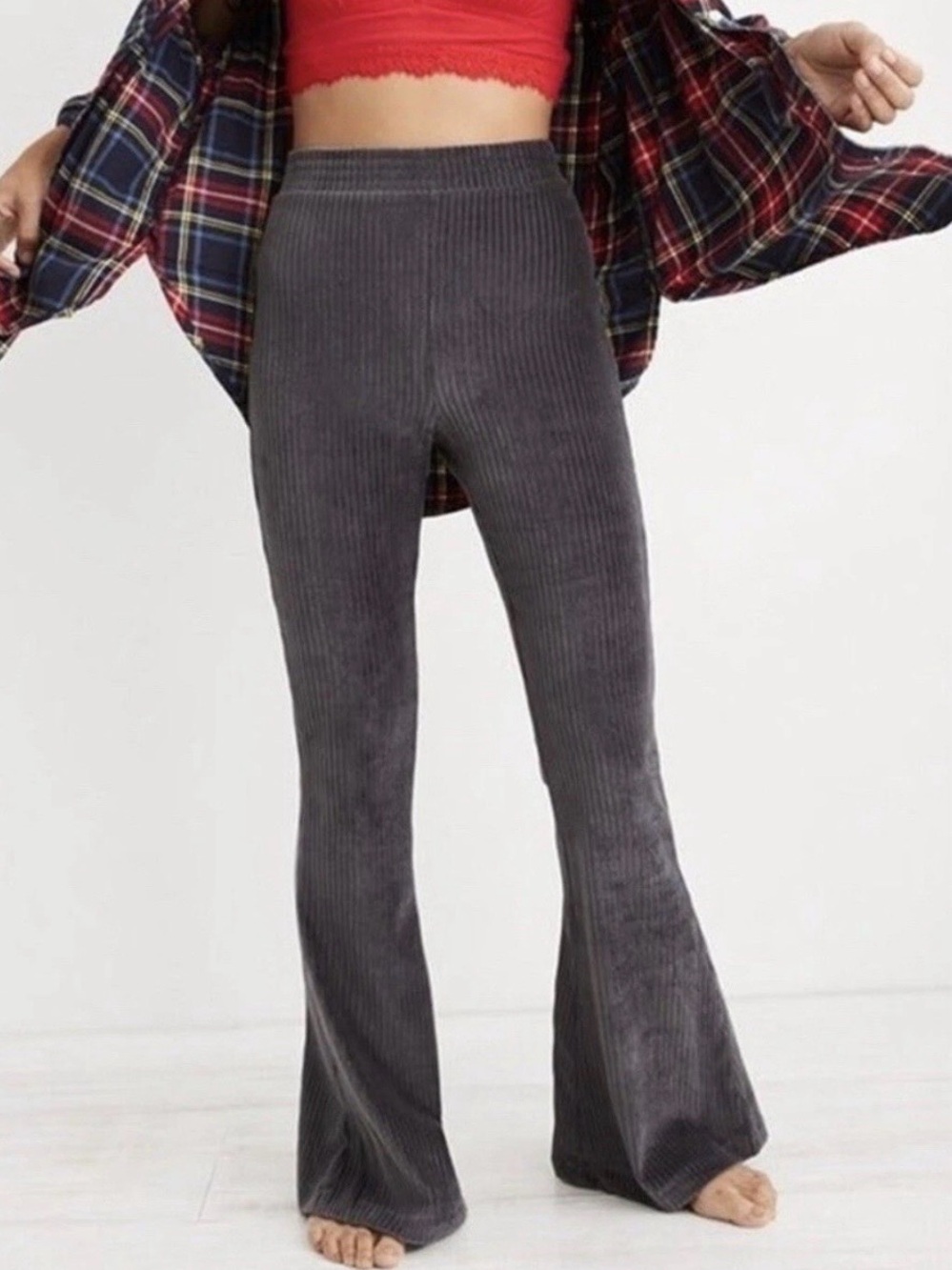 Aerie Gray Corduroy Flare Pants High Rise Ribbed Bell Bottom Y2K 70s Boho Medium